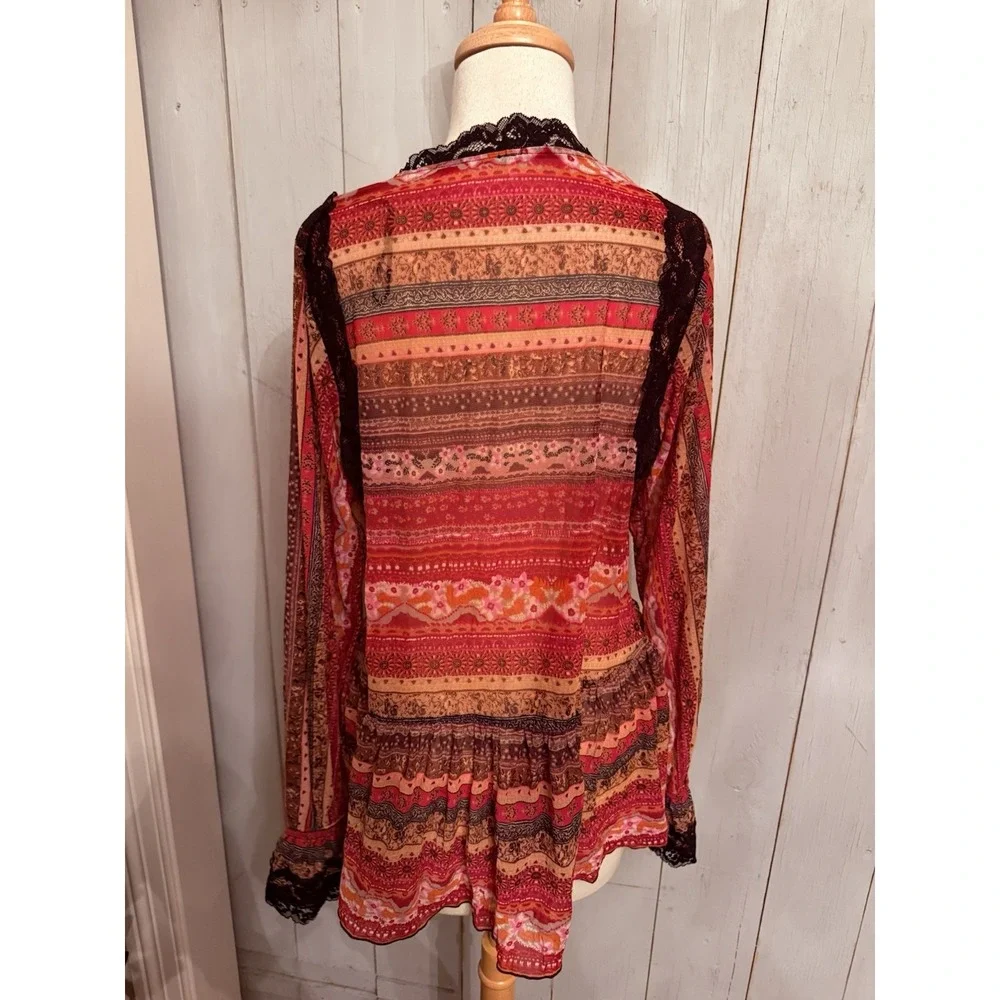 Free People Natalie Boho Printed Long Sleeve Top in Plum Red Lace‎ Black Sm